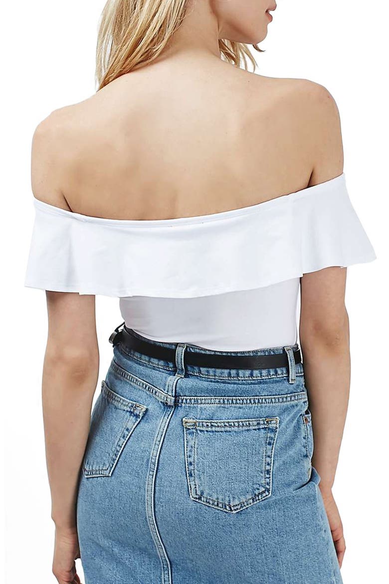Ruffle Off the Shoulder Bodysuit, Alternate, color, WHITE