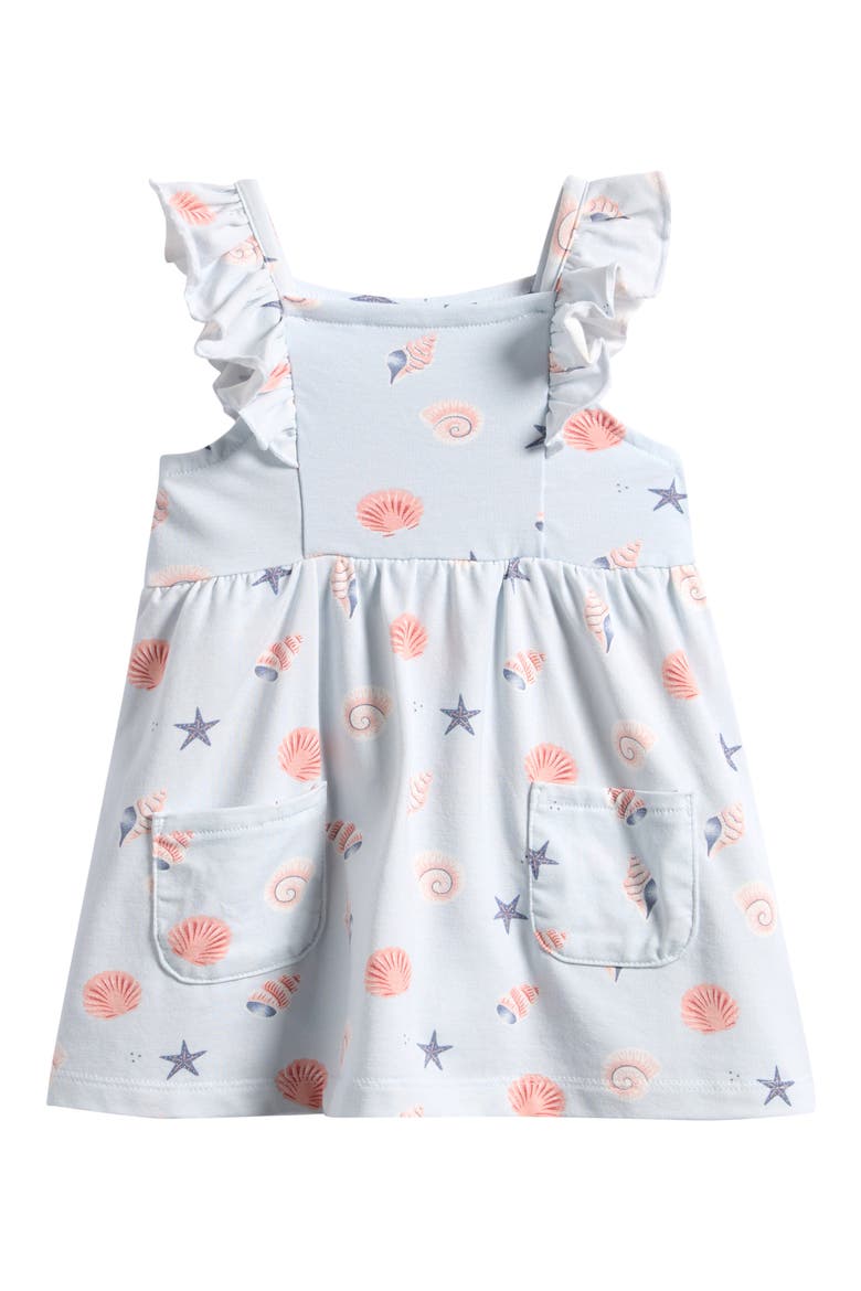 Shell Print Ruffle Dress, Main, color, LIGHT BLUE