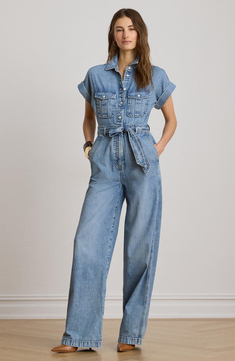 Lauren Ralph Lauren Wide Leg Denim Jumpsuit, Alternate, color, Alicia Wash