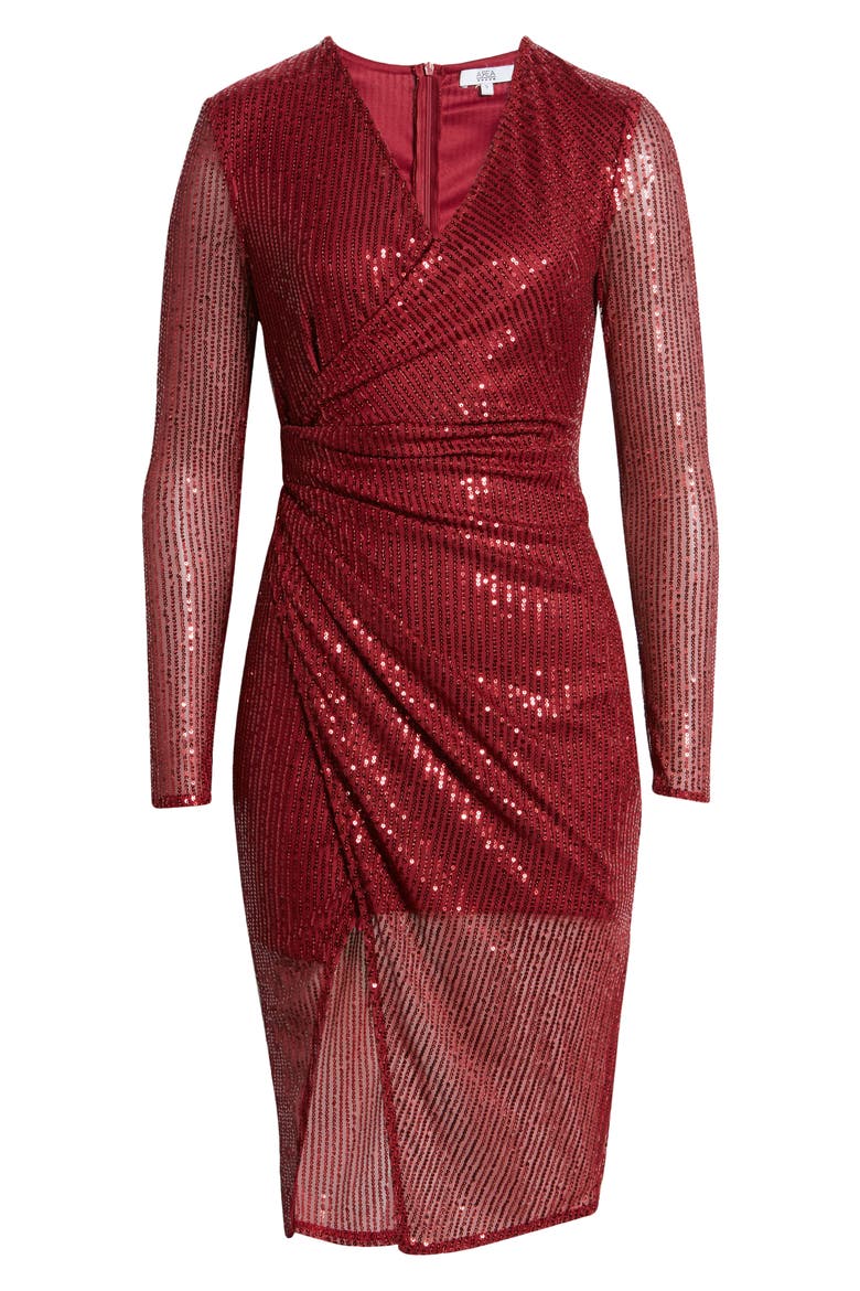 Sequin Long Sleeve Asymmetric Cocktail Dress, Alternate, color, BURGUNDY