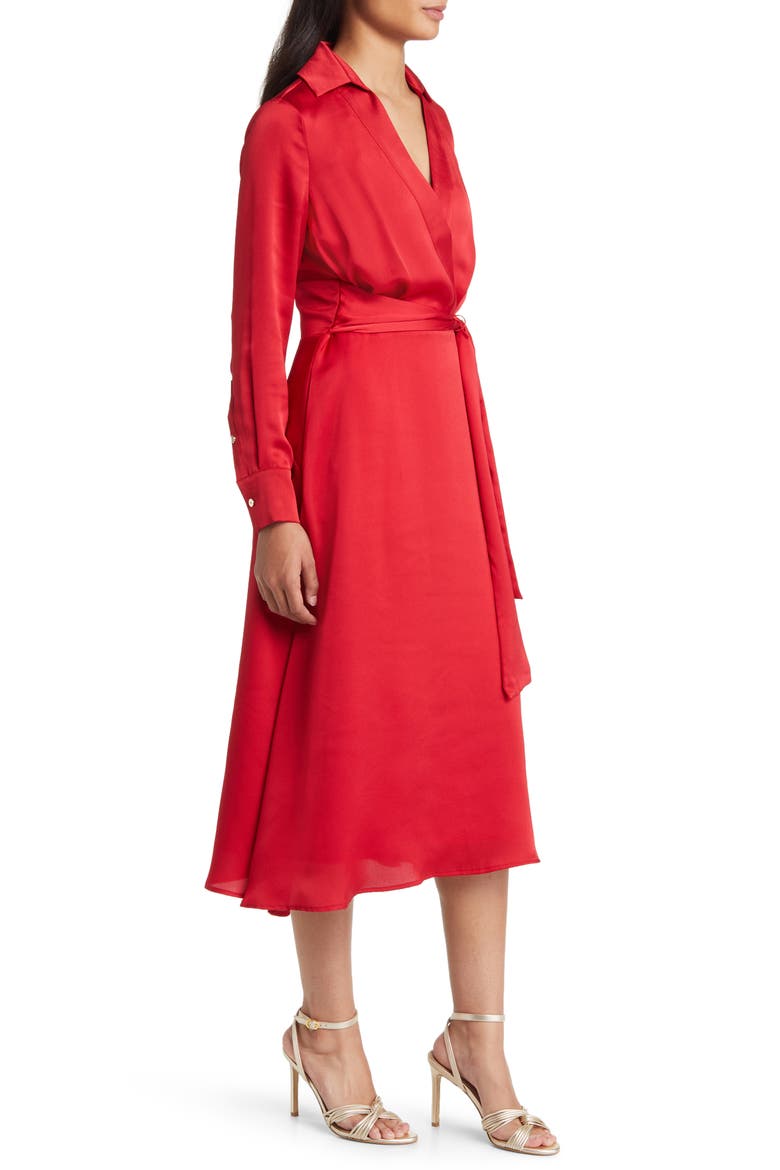 Long Sleeve Hammered Satin Faux Wrap Midi Shirtdress, Alternate, color, RUBY