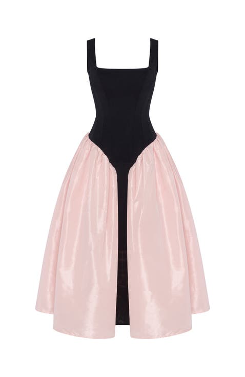 Corset Dress On Straps With A Glossy Midi Skirt