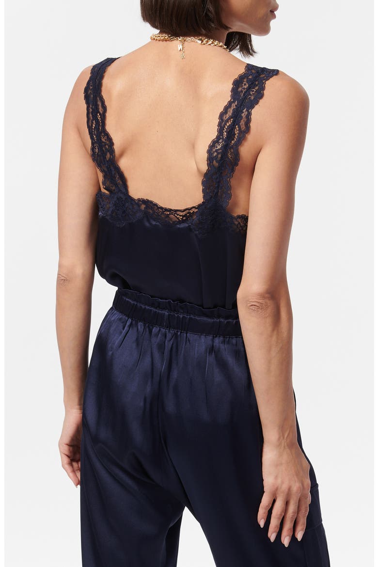 Fernanda Lace Trim Silk Charmeuse Tank, Alternate, color, NAVY