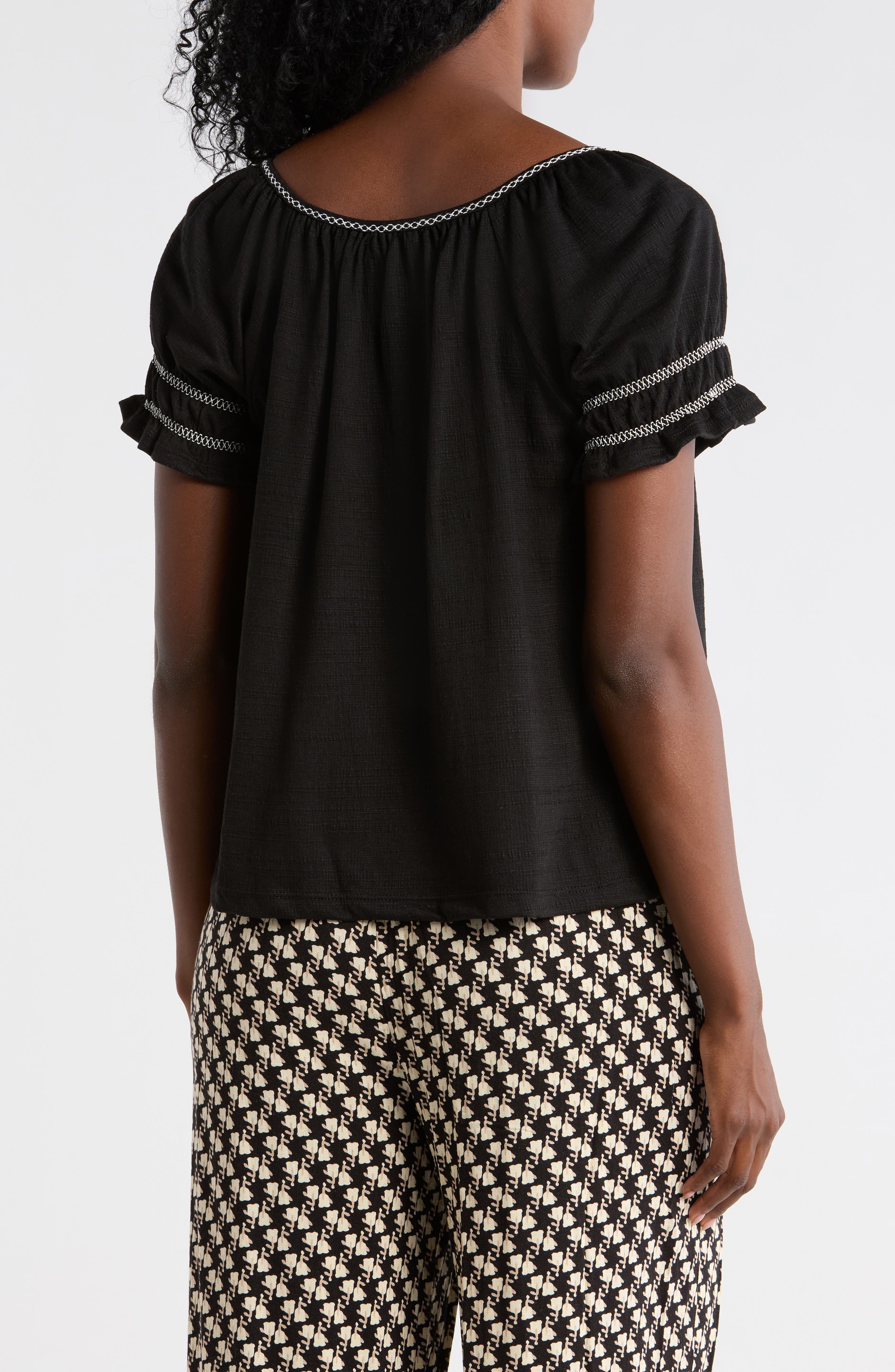 Topstitched Puff Sleeve Crepe Top - image 2