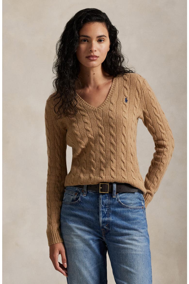 Kimberly Cable Wool & Cashmere V-Neck Sweater, Alternate, color, COLLECTION CAMEL MELANGE