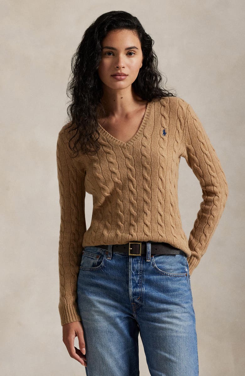 Polo Ralph Lauren Kimberly Cable Wool & Cashmere V-Neck Sweater, Alternate, color, Collection Camel Melange