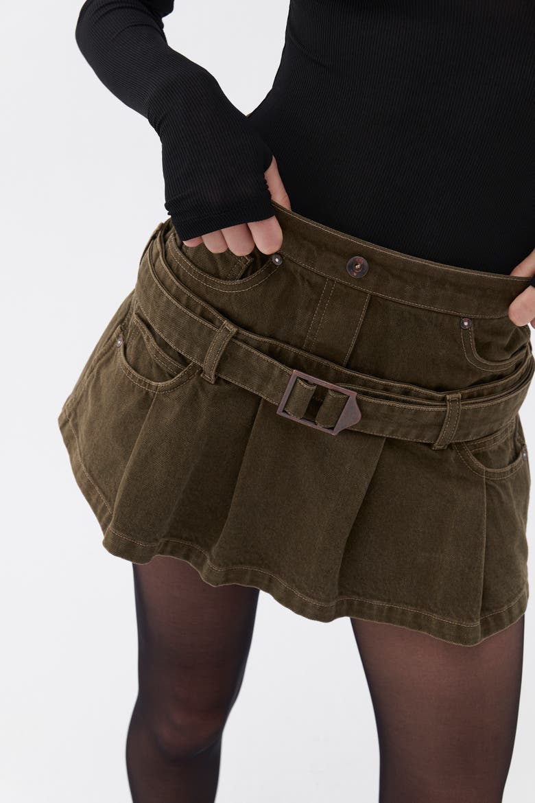 Mini Jean Skirt with Belt Detail, Alternate, color, Khaki