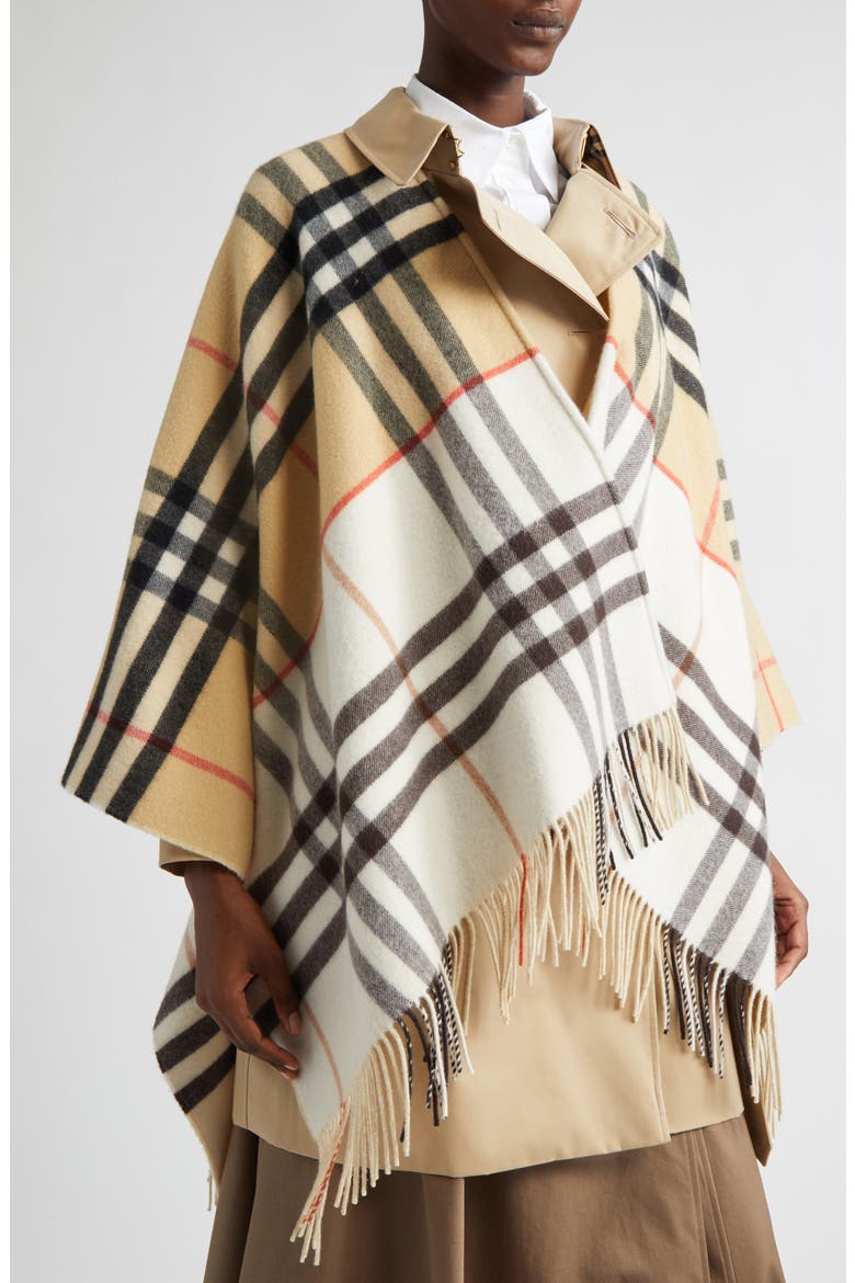 EKD Check Double Face Cashmere & Wool Fringe Cape, Alternate, color, SAND/ PEBBLE WHITE