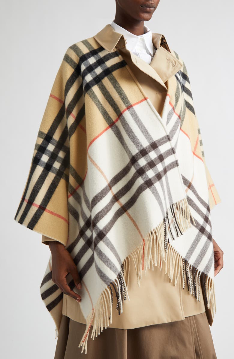 Burberry EKD Check Double Face Cashmere & Wool Fringe Cape, Alternate, color, Sand/ Pebble White