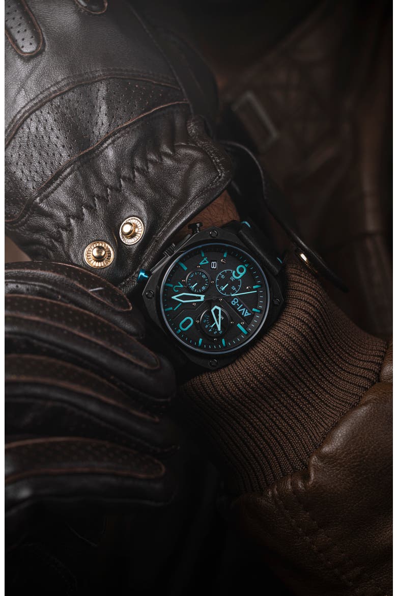 Hawker Hunter Retrograde Chronograph Leather Strap Watch, 45mm, Alternate, color, BLACK