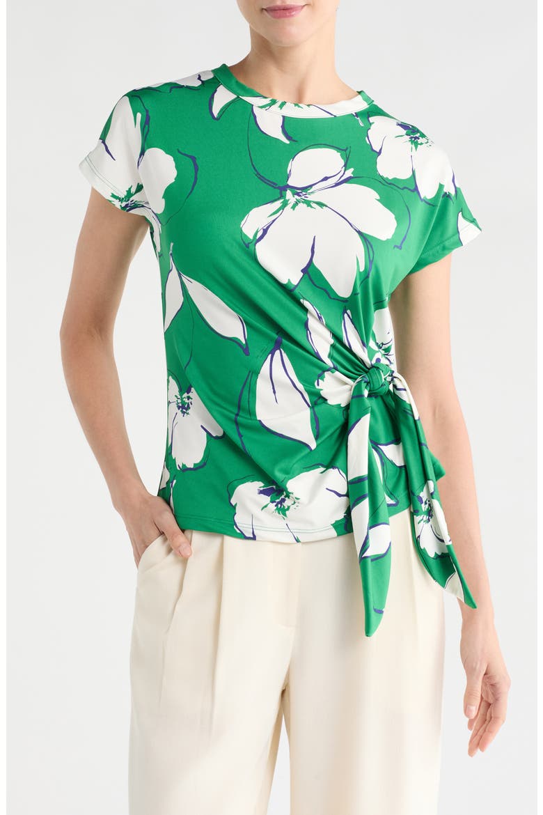 Floral Short Sleeve Knotted Side Top, Main, color, GREEN