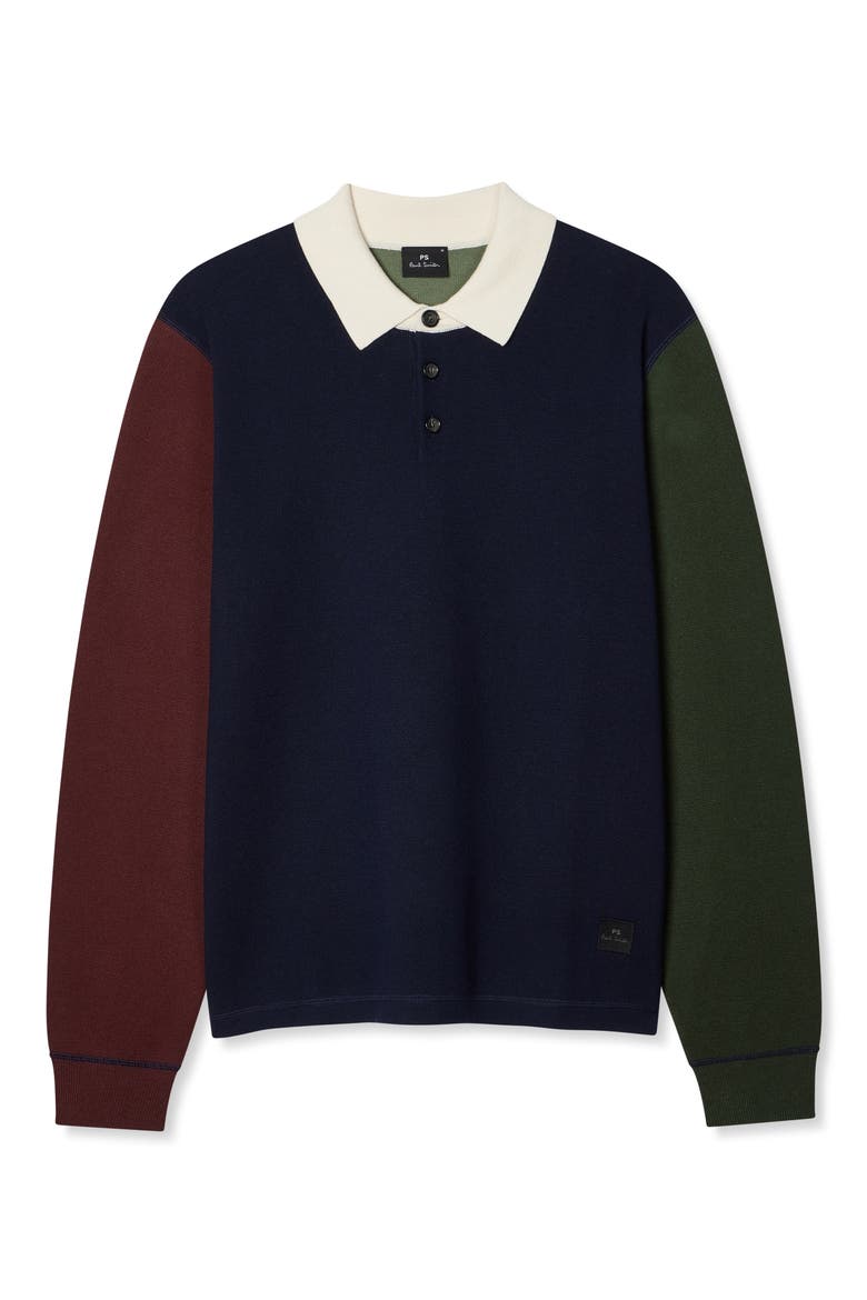 Colorblock Long Sleeve Cotton & Merino Wool Polo Sweater, Alternate, color, VERY DARK NAVY
