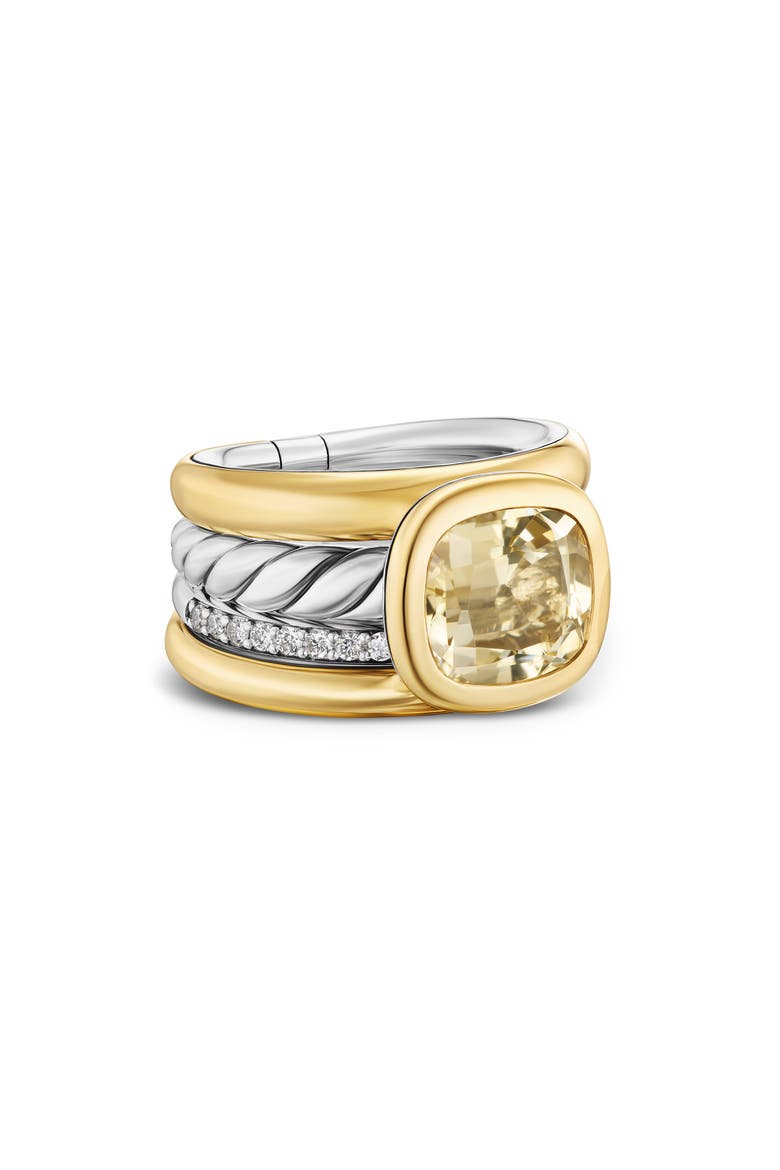 DY Mercer® Four Row Stone Ring in Sterling Silver with 18K Yellow Gold, Champagne Citrine & Diamonds, 14mm, Alternate, color, CHAMPAGNE CITRINE