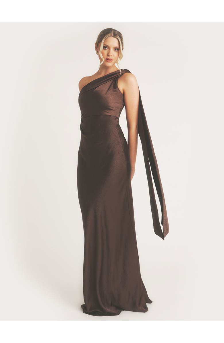 Six Stories One Shoulder Drape Bridesmaid Dress, Main, color, Chocolate