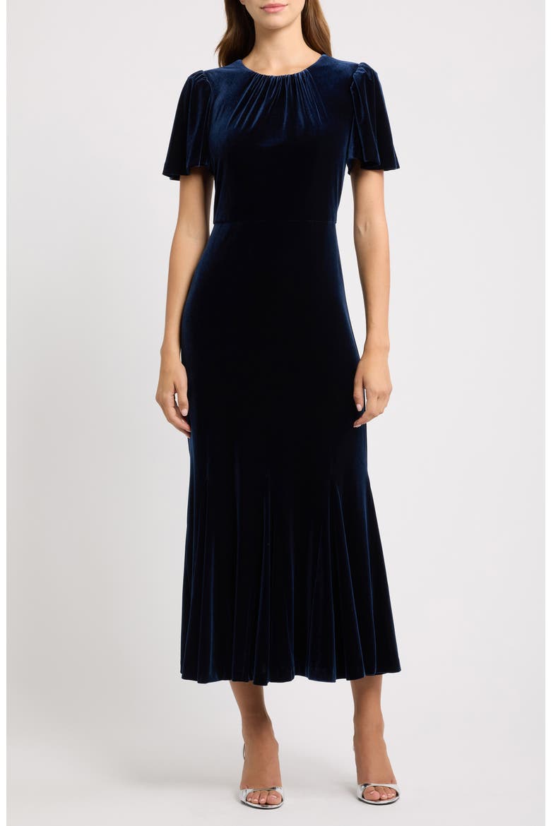Flutter Sleeve Velvet Midi Dress, Main, color, NAVY
