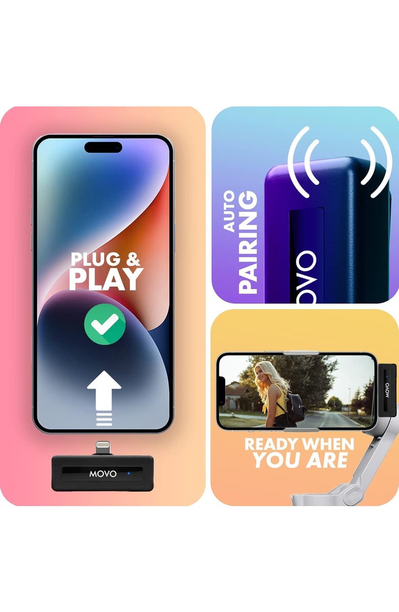 MOVO Wireless Mini DI Duo Ultra Compact Wireless Lavalier Microphones for iPhone, Alternate, color, Black