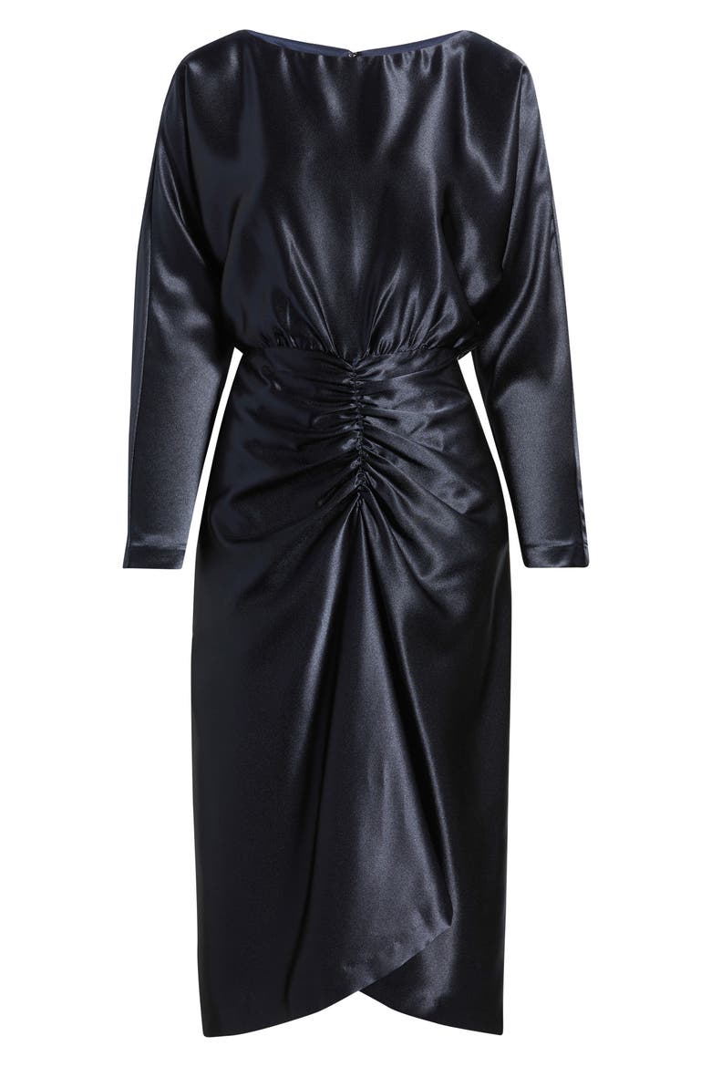 Long Sleeve Satin Cocktail Midi Dress, Alternate, color, NAVY