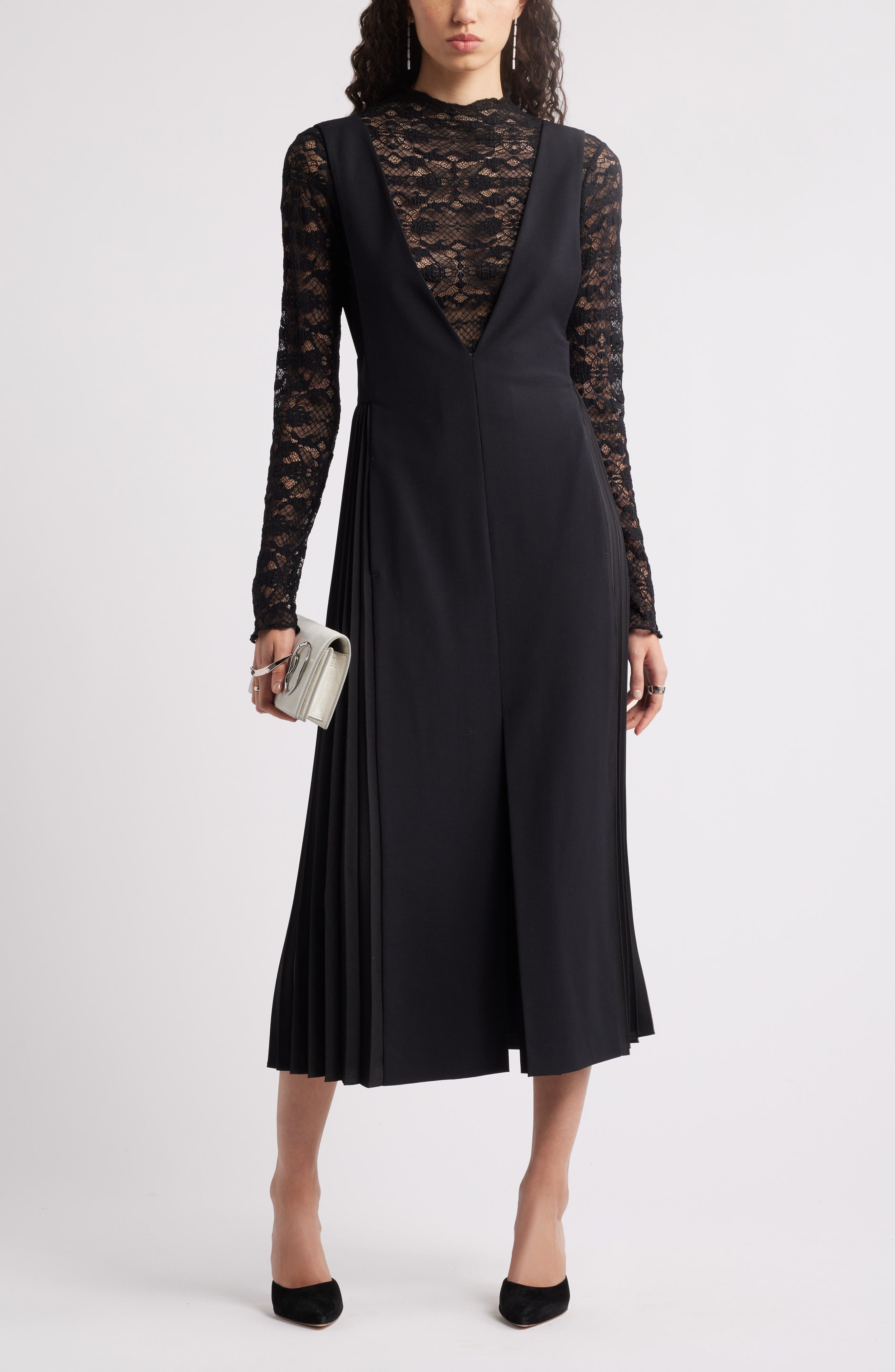 Nordstrom Plunge Neck A-Line Wool Blend Midi Dress