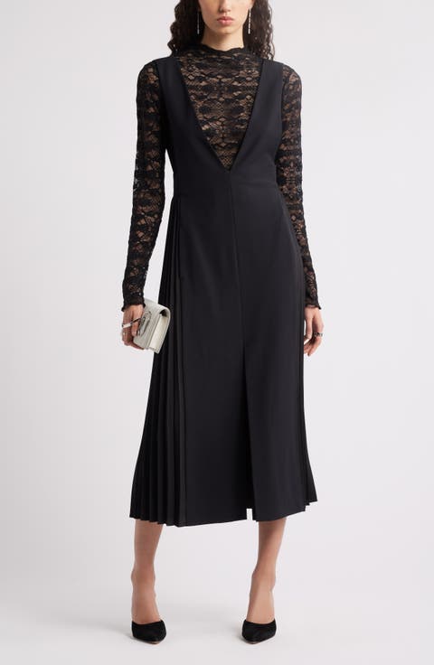 Plunge Neck A-Line Wool Blend Midi Dress