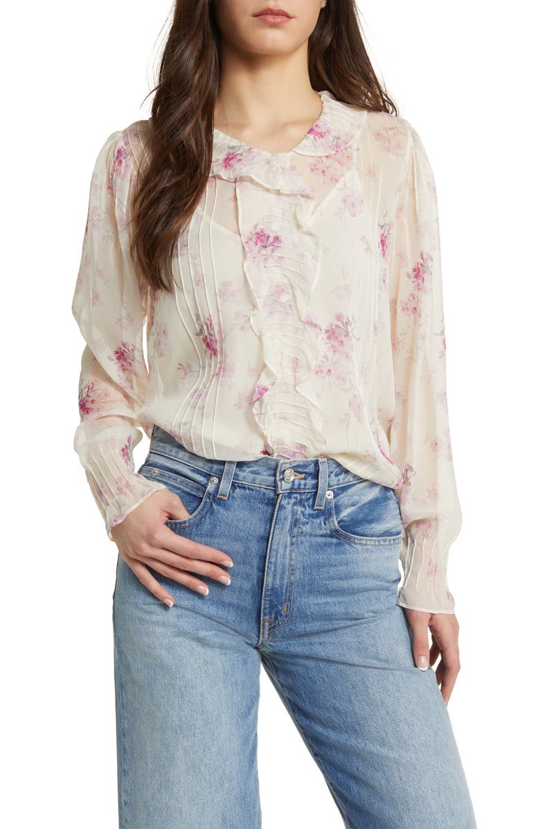 LoveShackFancy Rizzo Floral Print Ruffle Silk Shirt, Main, color, 