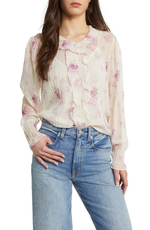 Rizzo Floral Print Ruffle Silk Shirt
