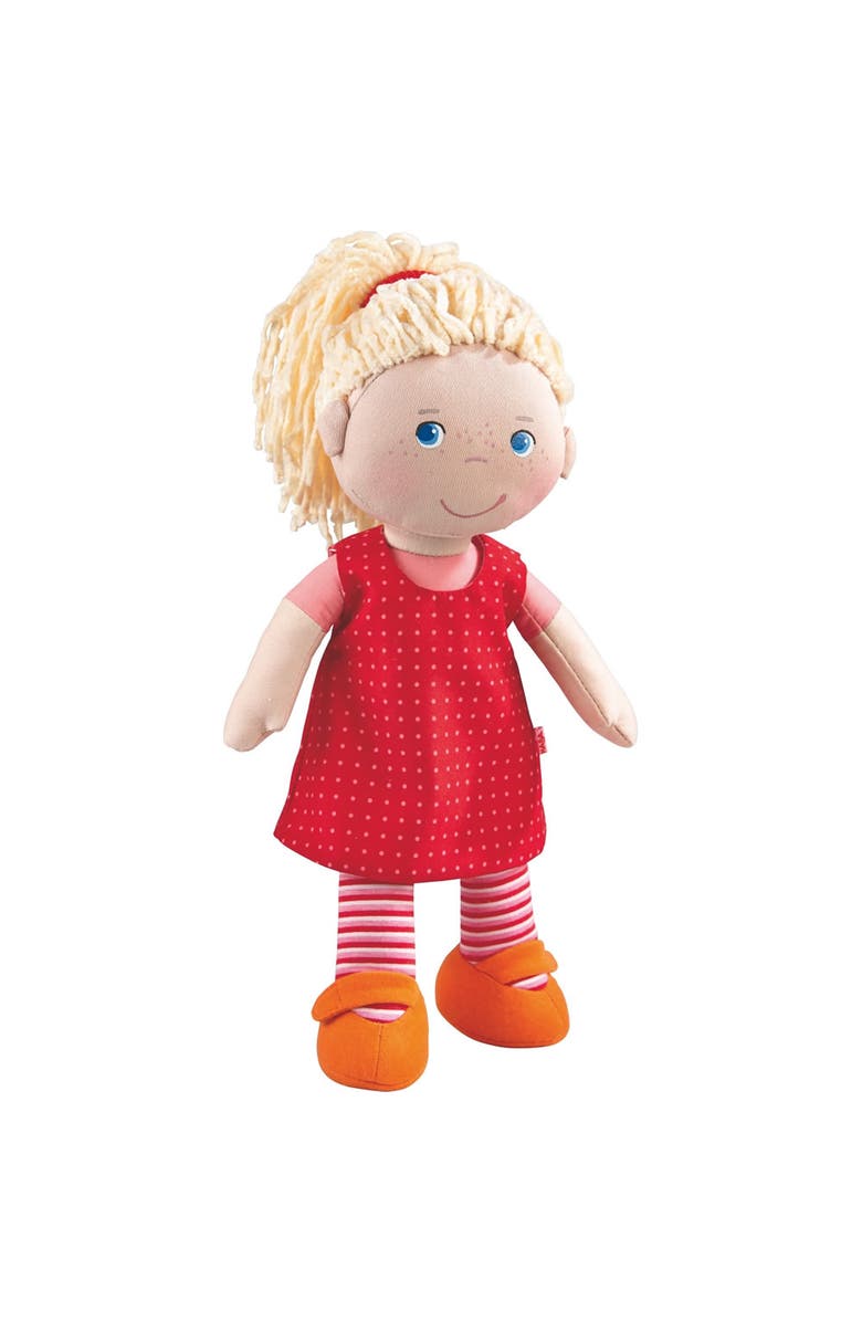 HABA 12" Soft Baby Doll Annelie with Blonde Hair, Embroidered Face, Removable Red Dress and Matching Hairband - Washable Toddler Doll for 18 Months+, Main, color, Red Multi