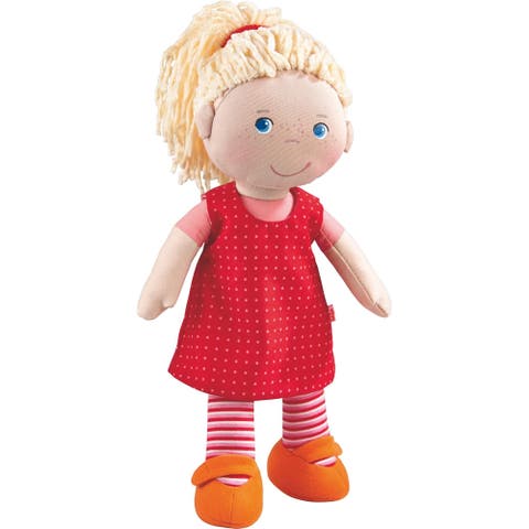 12" Soft Baby Doll Annelie with Blonde Hair, Embroidered Face, Removable Red Dress and Matching Hairband - Washable Toddler Doll for 18 Months+