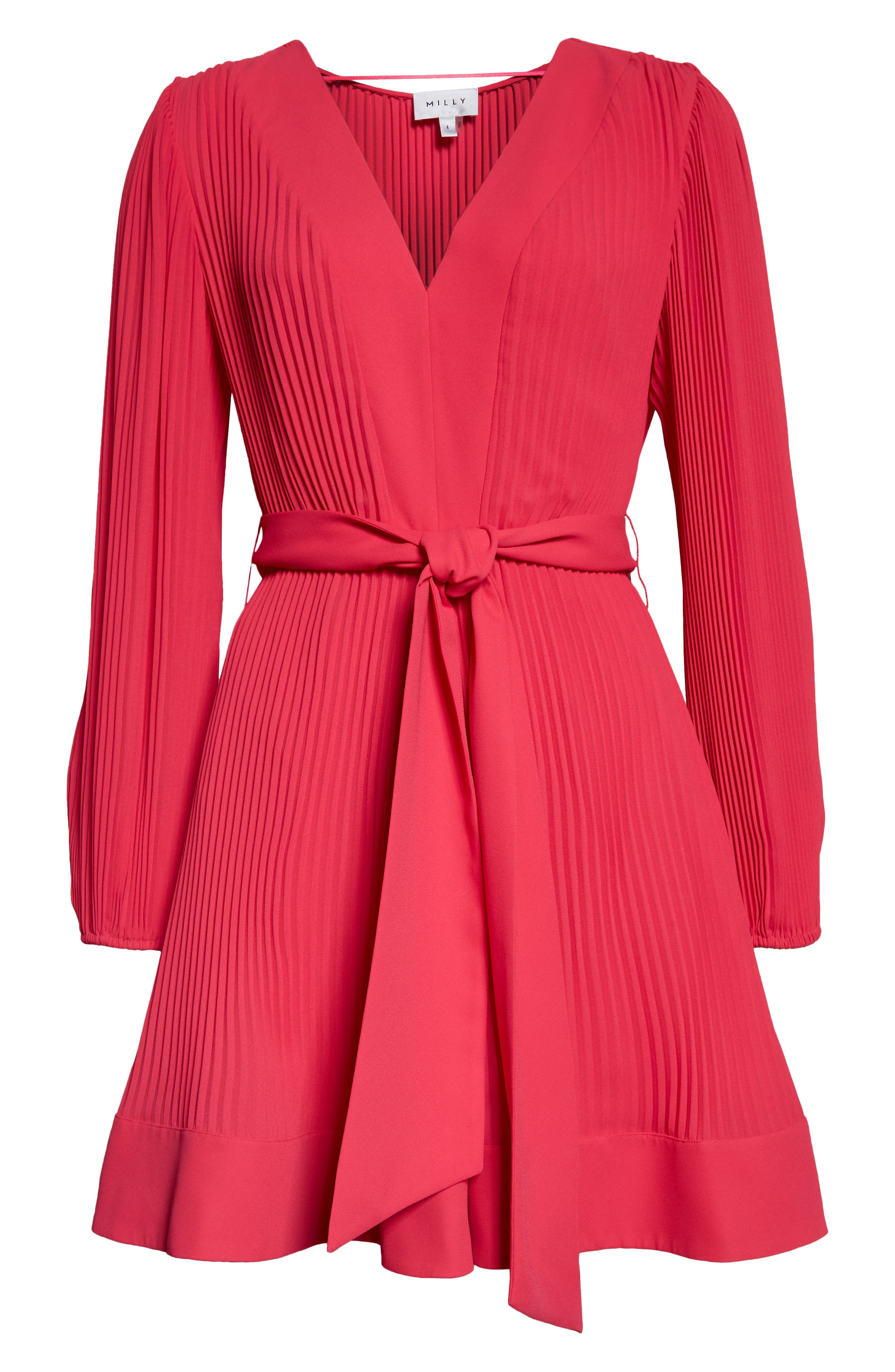 milly liv long sleeve v neck pleated belted mini dress Liv Pleated Long Sleeve Mini Dress in Black