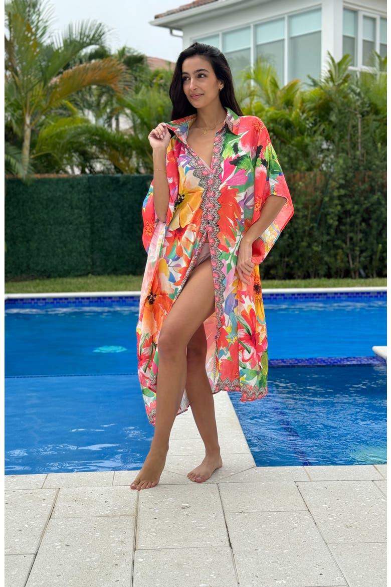 Floral Print Woven Duster, Alternate, color, ORANGE
