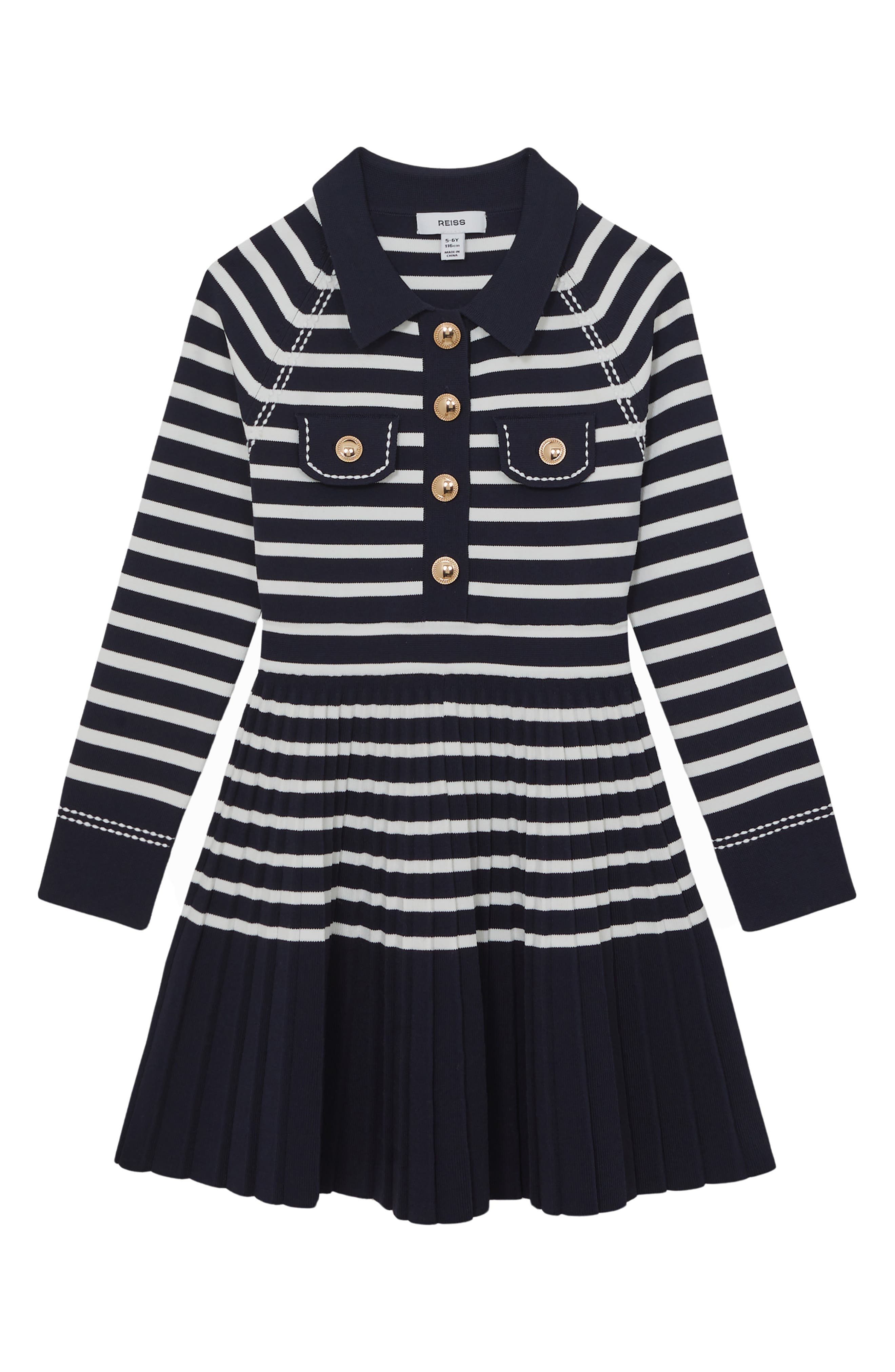 Reiss Kids' Navy/white 9-13 Yrs Button-detail Stripe Knitted Dress In Black