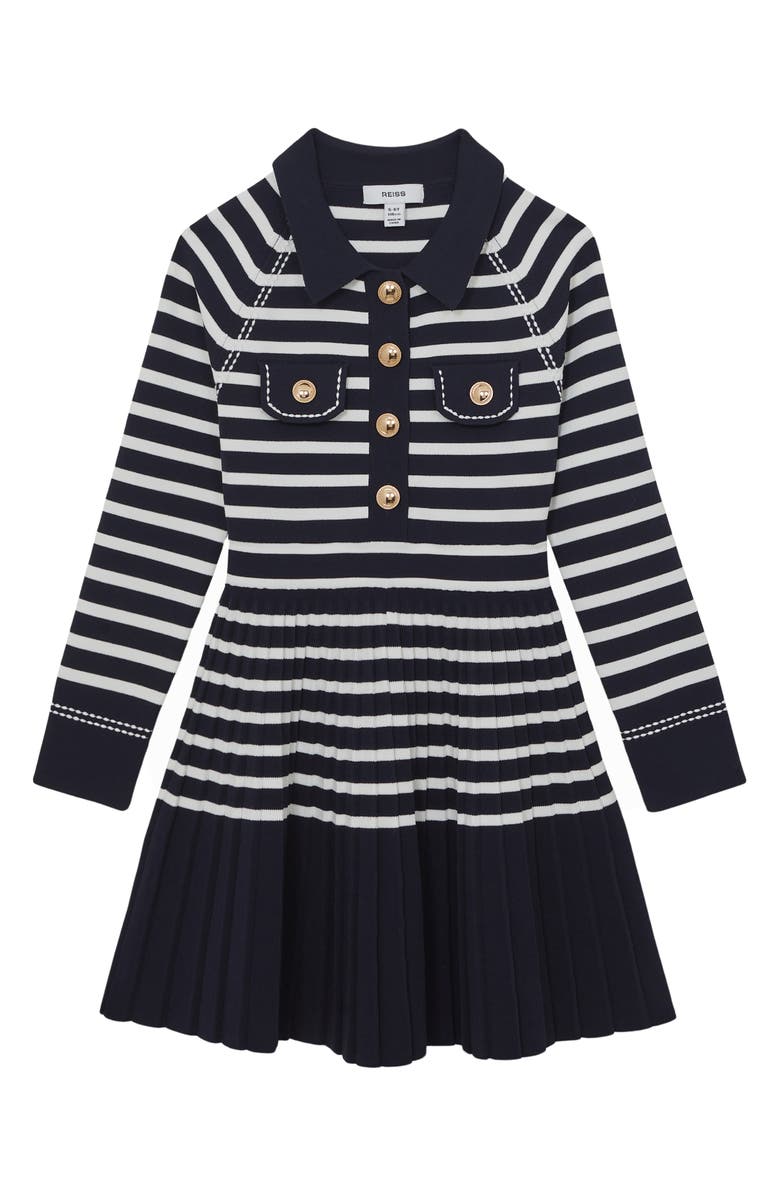 Reiss Kids' Sapna Stripe Long Sleeve Pleated Sweater Shirtdress, Main, color, Navy/ White