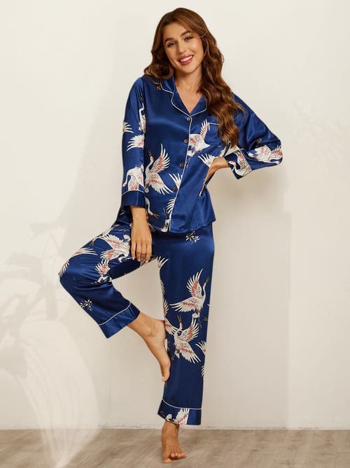 Shop Silksilky 19momme Pure Silk Printed Classic Binding Trim Womens Pajama Set In Darkblue