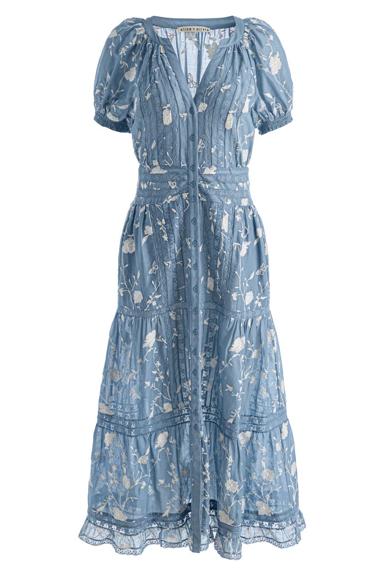 Kathryn Lace Trim Cotton Midi Shirtdress, Alternate, color, DEEP DENIM BLUE/ VANILLA