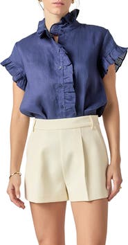 English Factory Ruffle Trim Linen Button-Up Shirt