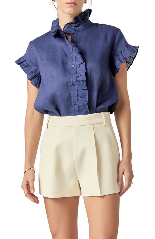 English Factory Ruffle Trim Linen Button-up Shirt In Navy