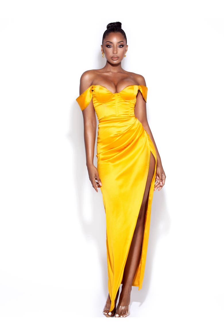Zarah High Slit Corset Satin Dress, Alternate, color, Yellow