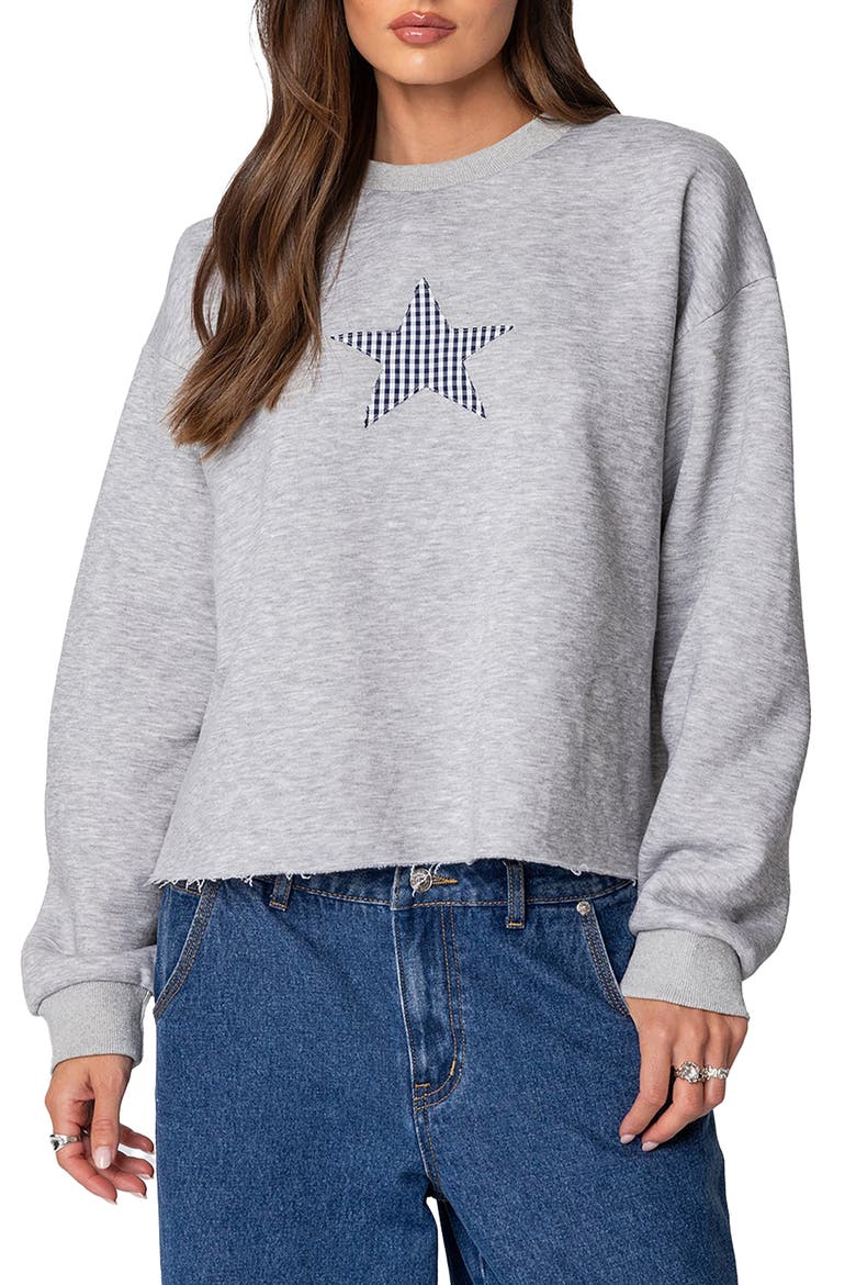 Gingham Star Appliqué Raw Hem Sweatshirt, Main, color, GRAY-MELANGE