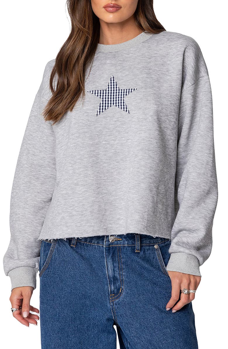 EDIKTED Gingham Star Appliqué Raw Hem Sweatshirt, Main, color, Gray-Melange