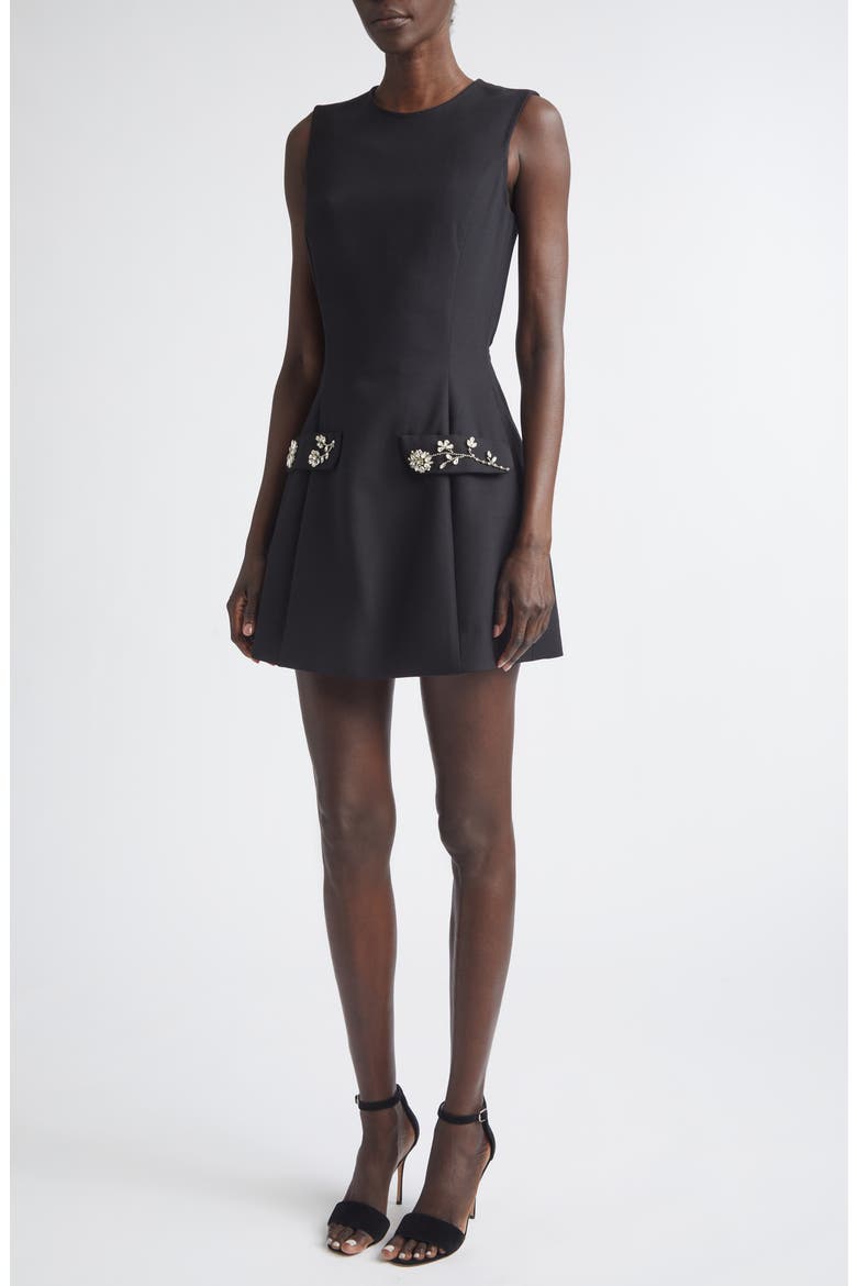Embellished Crystal Flowers Stretch Wool Cocktail Dress, Alternate, color, BLACK