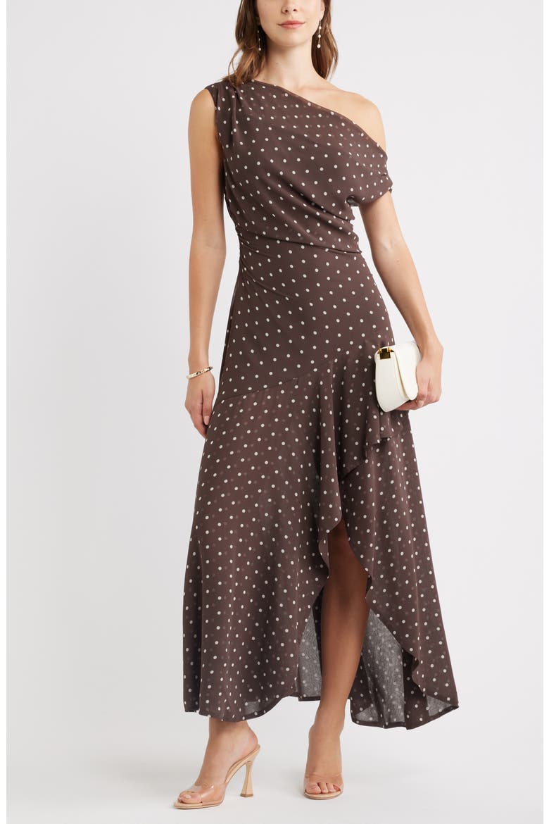 Cascading Off the Shoulder Evening Dress, Alternate, color, BROWN- IVORY CORNER DOT
