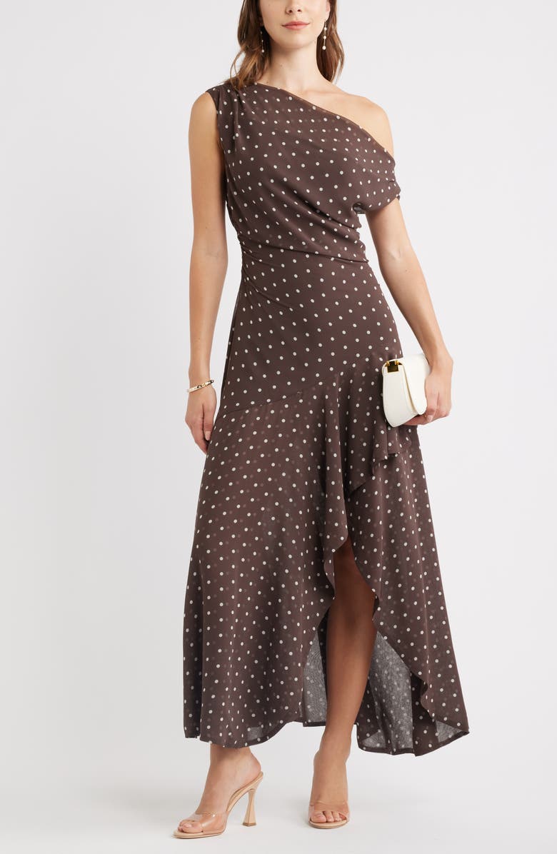 Chelsea28 Cascading Off the Shoulder Evening Dress, Alternate, color, Brown- Ivory Corner Dot