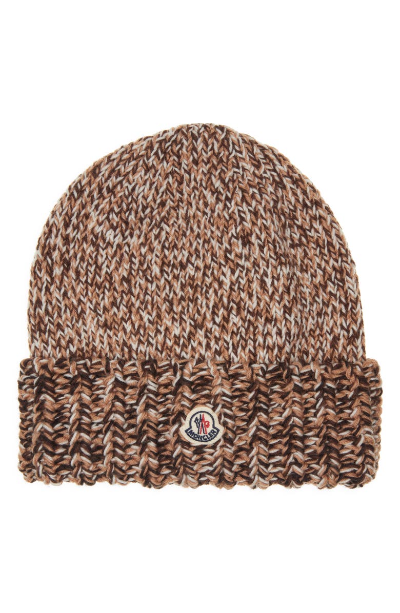 Moncler Logo Patch Rib Wool Beanie, Main, color, Brown/ Beige Multi