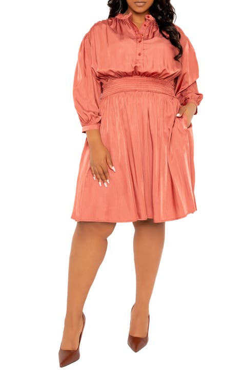 Smocked Long Sleeve Satin Shirtdress (Plus Size)