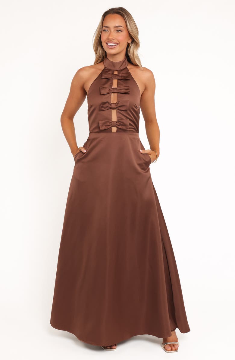 Petal & Pup Norva Bow Front Halter Satin Maxi Dress, Alternate, color, Brown