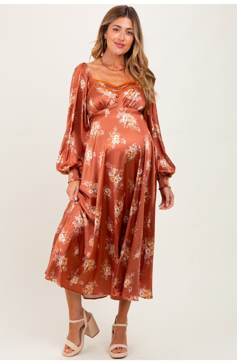 PinkBlush Satin Floral Bubble Sleeve Midi Dress, Main, color, Rust