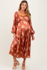 PinkBlush Satin Floral Bubble Sleeve Midi Dress
