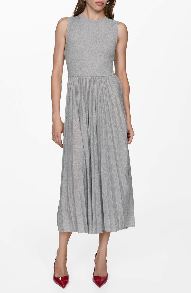 MANGO Pleated Heathered Jersey Midi Dress, Main, color, 