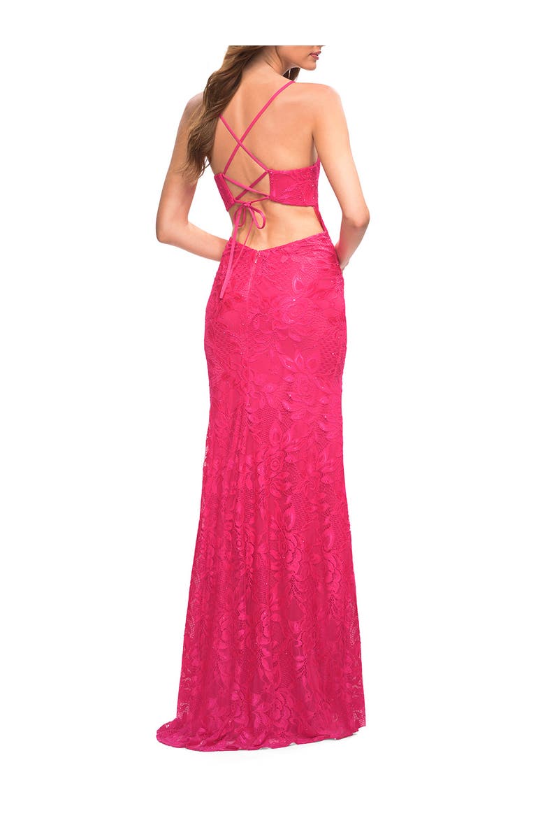 Hot Pink Stretch Lace Prom Dress with Deep V Neckline, Alternate, color, Hot Pink