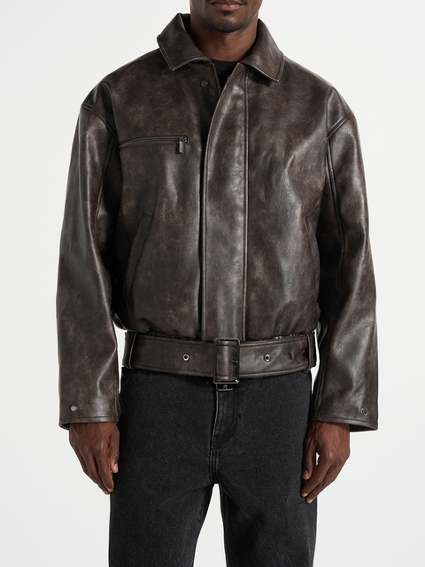 Ezra Unisex Vintage Leather Belted Bomber Jacket