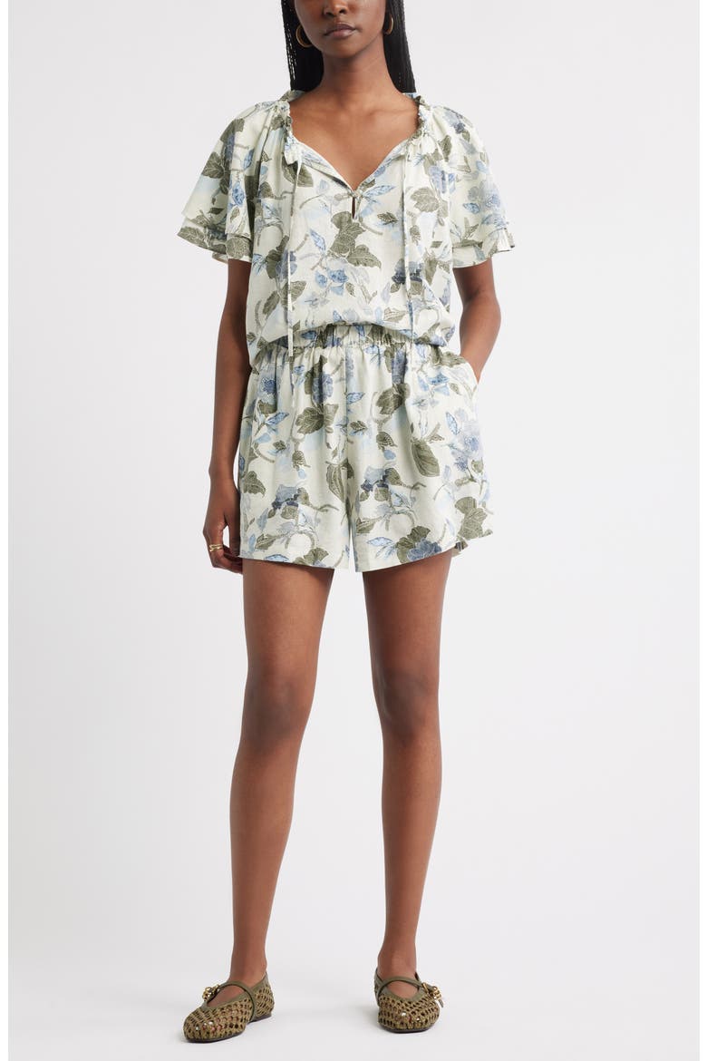 Shirred Botanical Print Linen Blend Top, Alternate, color, IVORY- OLIVE JACOBEAN BLOOM